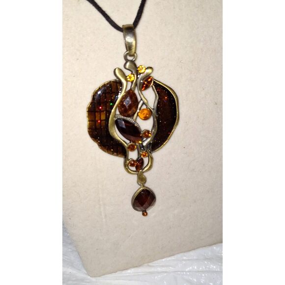 Artsy Lia Sophia Amber Glass Pendant Necklace Bohemian Exotic Fashion - Picture 1 of 11